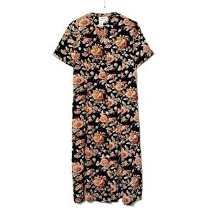 VTG Talbots Woman Black Floral 100% Silk Button Front Maxi Dress Whimsigoth 12P